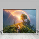 Aperturee - Aperturee Green Hillside Rainbow Sunset Natural Scene Backdrop